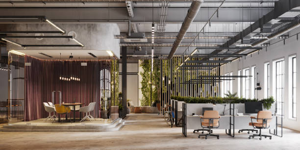 Eco friendly office interior in 3D render Computer generated image of an office interior. Modern office desks with plants. green home decor stock pictures, royalty-free photos & images