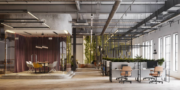 eco friendly office interior in 3d render - creative sustainability imagens e fotografias de stock