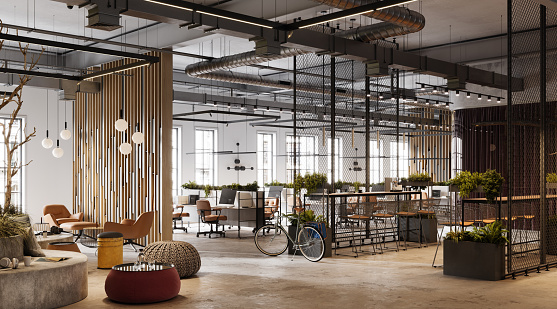 Three dimensional generated image of an office space with a bicycle. 3D image of a environmentally friendly office space.