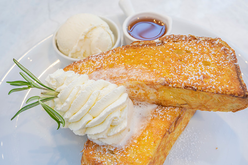 French Toast with Maple Syrup, Ice-cream and Whipped cream