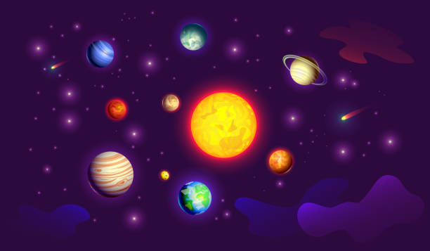 Outer space, solar system with planets in the starry sky Outer space, solar system with planets in the starry sky. Design for banner, poster. Stock vector illustration. venus planet stock illustrations