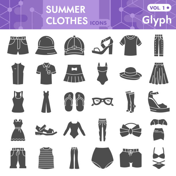 Summer clothes solid icon set, beach sea clothing symbols collection or sketches. Summer clothes and accessories glyph style signs for web and app. Vector graphics isolated on white background. Summer clothes solid icon set, beach sea clothing symbols collection or sketches. Summer clothes and accessories glyph style signs for web and app. Vector graphics isolated on white background white shirt black skirt stock illustrations