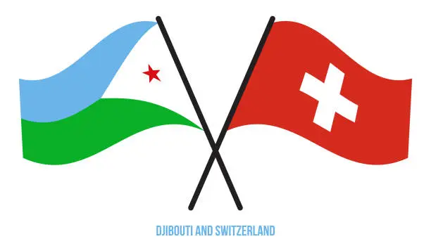 Vector illustration of Djibouti and Switzerland Flags Crossed And Waving Flat Style. Official Proportion. Correct Colors.