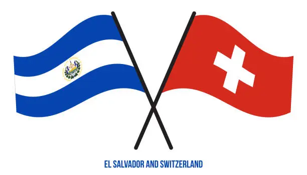 Vector illustration of El Salvador and Switzerland Flags Crossed And Waving Flat Style. Official Proportion. Correct Colors