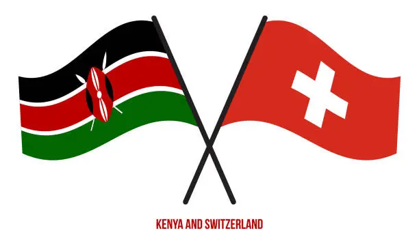Vector illustration of Kenya and Switzerland Flags Crossed And Waving Flat Style. Official Proportion. Correct Colors.
