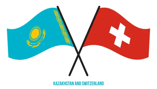 Vector illustration of Kazakhstan and Switzerland Flags Crossed And Waving Flat Style. Official Proportion. Correct Colors.