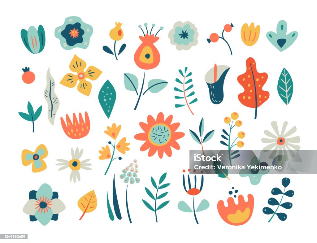 흰색 배경에 고립 된 귀여운 꽃과 꽃 요소세트 장식 벡터 봄 꽃 일러스트 0명에 대한 스톡 벡터 아트 및 기타 이미지 - 0명,  귀여운, 꽃 나무 - Istock