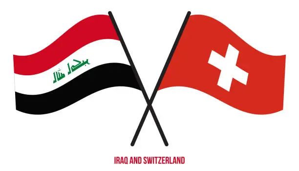 Vector illustration of Iraq and Switzerland Flags Crossed And Waving Flat Style. Official Proportion. Correct Colors.