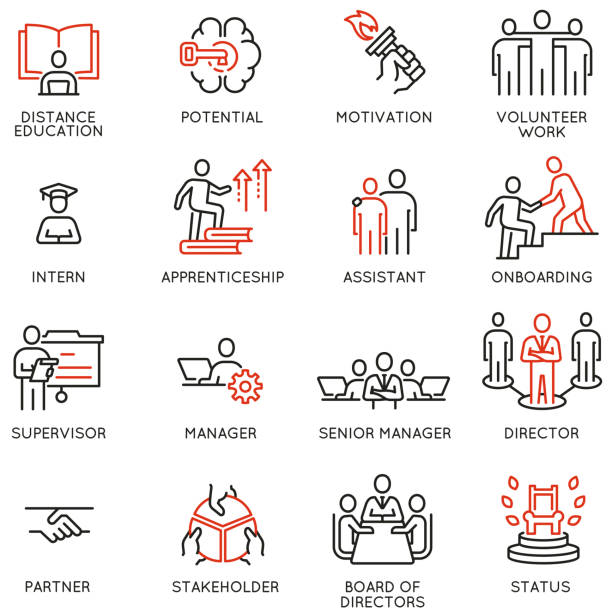 Vector Set of Linear Icons Related to Career Ladder, Empowerment Leadership Development, Promotion at Work and progress. Mono Line Pictograms and Infographics Design Elements Vector Set of Linear Icons Related to Career Ladder, Empowerment Leadership Development, Promotion at Work and progress. Mono Line Pictograms and Infographics Design Elements trainee stock illustrations