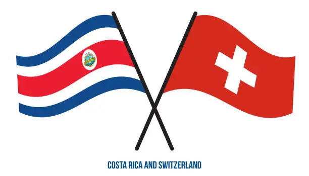 Vector illustration of Costa Rica and Switzerland Flags Crossed And Waving Flat Style. Official Proportion. Correct Colors.