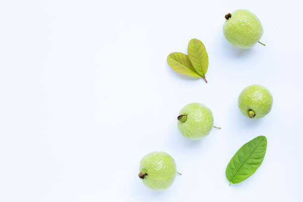 Fresh ripe guava with leaves. Top view