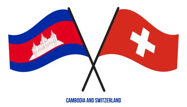 Vector illustration of Cambodia and Switzerland Flags Crossed And Waving Flat Style. Official Proportion. Correct Colors.