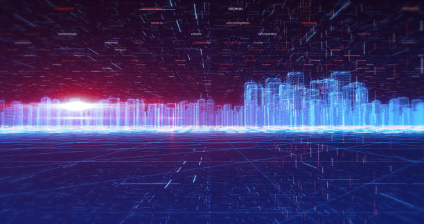 istock Digital Skyscrapers In The City. Flying Numbers And Codes All Around. 3D Illustration Render. 1249985332