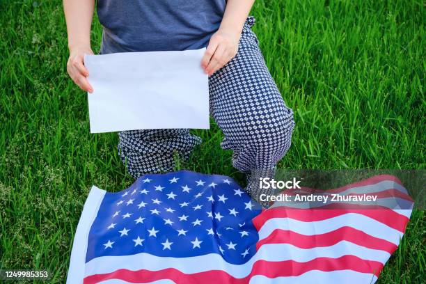 Protest After George Floyd Death Protest Woman Kneel Copy Space Usa Flag Kneeling Stock Photo - Download Image Now