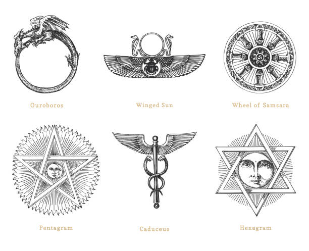 Drawn sketches of mystical symbols. Set of vector illustrations. Vintage pastiche of esoteric and occult signs. Drawn sketches of magical and mystical symbols. Set of vector illustrations in engraving style. Vintage pastiche of esoteric and occult signs. tibet culture stock illustrations
