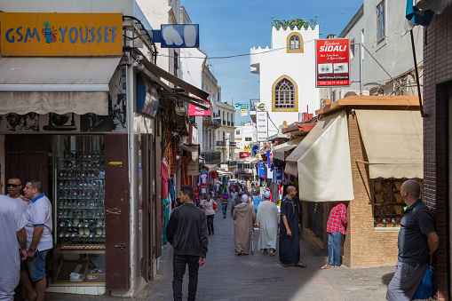 TANGIER, MOROCCO - MAY 27, 2017: View of the marketplace in the historical part of Tangier in Northern Morocco.