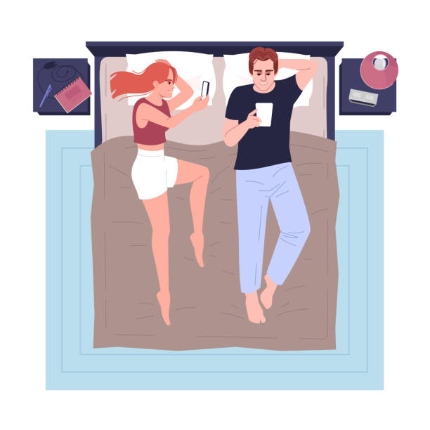 Boyfriend and girlfriend in bed using smartphones separately semi flat RGB color vector illustration. Married couple relaxing in bedroom chatting in social media isolated cartoon character on white Boyfriend and girlfriend in bed using smartphones separately semi flat RGB color vector illustration. Married couple relaxing in bedroom chatting in social media isolated cartoon character on white clingy girlfriend stock illustrations