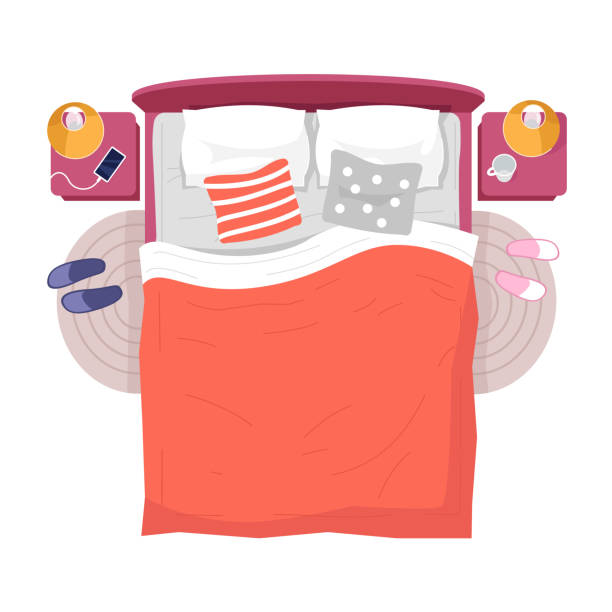 Bed, night lamp stads top view semi flat RGB color vector illustration. Interior decor above. Bedroom furniture, sleeping accessories, orange linens isolated cartoon object on white background Bed, night lamp stands top view semi flat RGB color vector illustration. Interior decor above. Bedroom furniture, sleeping accessories, orange linens isolated cartoon object on white background duvet illustrations stock illustrations