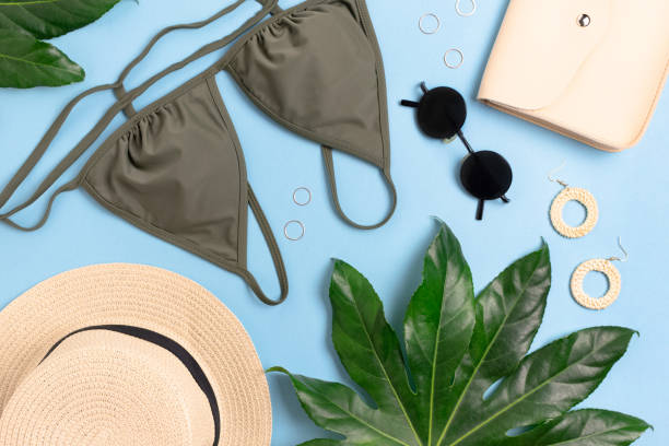 istock Summer flat lay on blue background. Composition with green leaves, women's clothes and accessories. 1249989070