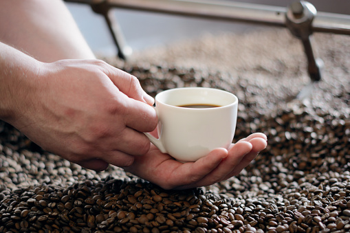 Hand holding cup of coffee over coffee roaster