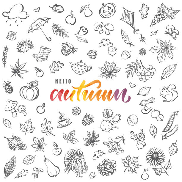 こんにちは秋のカード - autumn pumpkin flower food点のイラスト素材／クリップアート素材／マンガ素材／アイコン素材