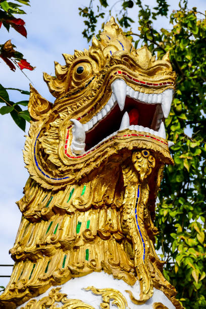 złoty posąg smoka w tajskiej świątyni, cyfrowy obraz zdjęcia jako tło - laos luang phabang thailand religion zdjęcia i obrazy z banku zdjęć