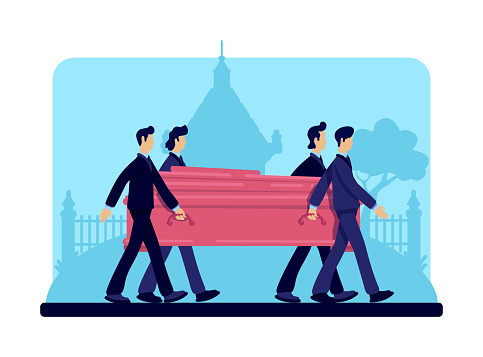 Coffin bearers flat color vector illustration. Funeral procession. Burial ceremony. Ritual service. Male in suits 2D cartoon characters with tombstones and crypt on background