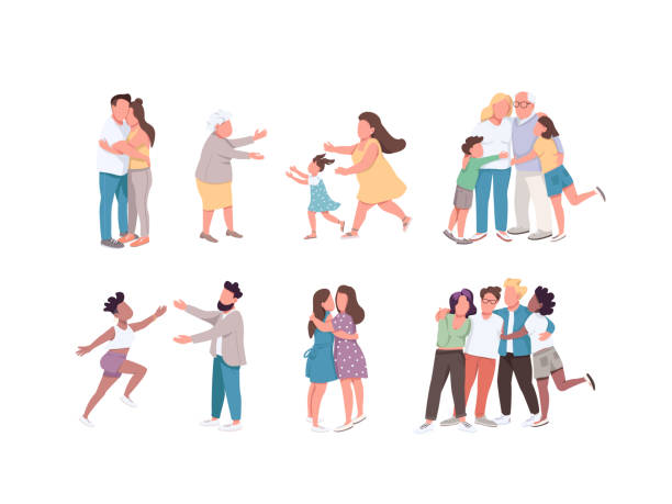 ilustraciones, imágenes clip art, dibujos animados e iconos de stock de feliz abrazo de color plano vector caracteres sin rostro conjunto - abrazo familia