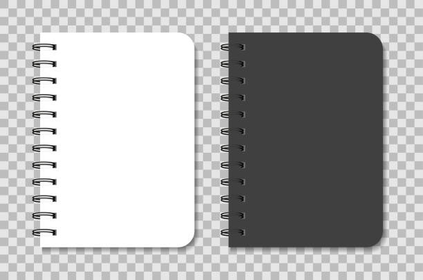 スパイラル付きノートブックモックアップ。黒と白のメモ帳。メモ用カバー付きの空白の日記。紙とリングのコイルを持つa5オーガナイザーのテンプレート。アジェンダ、プランナー、コピ� - leather bound点のイラスト素材／クリップアート素材／マンガ素材／アイコン素材
