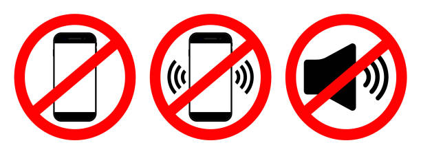 ilustrações de stock, clip art, desenhos animados e ícones de phone off icon. sign of mobile ban. forbidden use cellphone, sound. stop call symbol in smartphone. zone of mute telephone. switch on quiet. strikethrough device in cinema and danger area. vector - finger on lips