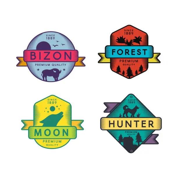 Vector illustration of Wild Bizon and Hunter, Moon and Forest Set Logo