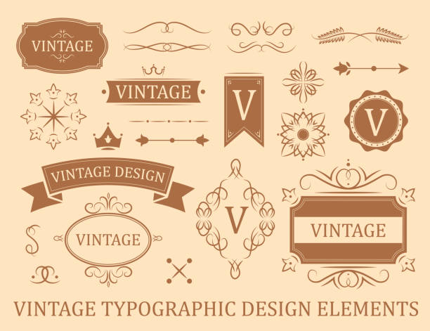 ilustrações de stock, clip art, desenhos animados e ícones de flourish vintage flat badges set - frame growth calligraphy ornate