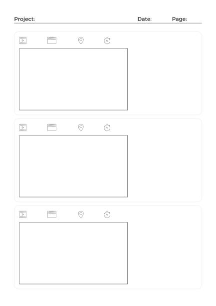 Storyboard Film Video Template for Movie Creation Screenplay for media production. Flat vector cartoon illustration. Objects isolated on white background, vertical version. storyboard template stock illustrations