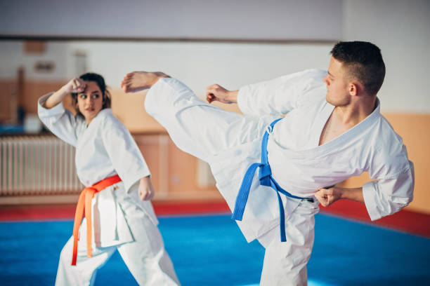 istock Karate students training karate together indoors 1249997960