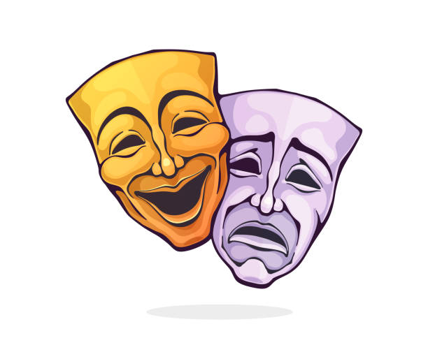 Two theatrical comedy and drama mask. Bipolar disorder symbol. Positive and negative emotion. Film and theatre industry Two theatrical comedy and drama mask. Bipolar disorder symbol. Positive and negative emotion. Film and theatre industry. Cartoon vector illustration with outline. Clipart Isolated on white background tragedy mask stock illustrations