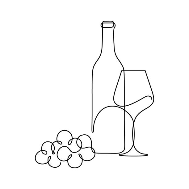 Still life with wine and grape Bottle of wine with wineglass and grape bunch in continuous line art drawing style. Minimalist black linear sketch isolated on white background. Vector illustration wine illustrations stock illustrations