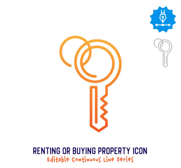 Renting & Buying Property Continuous Line Editable Icon Renting or buying property vector icon illustration for logo, emblem or symbol use. Part of continuous one line minimalistic drawing series. Design elements with editable gradient stroke. house key icon stock illustrations