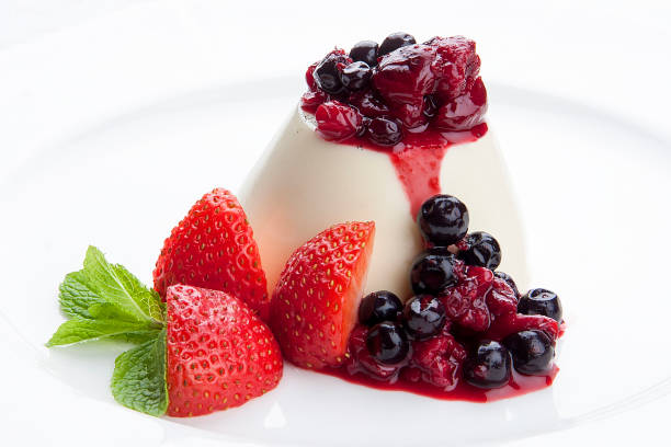 istock Dessert panna cotta with fresh berries on white background 1250001962