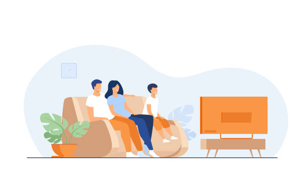 Happy family watching TV together Happy family watching TV together flat vector illustration. Cartoon mother, father and kid sitting on couch or sofa at home and watching movie. Lifestyle and entertainment concept kids watching tv stock illustrations