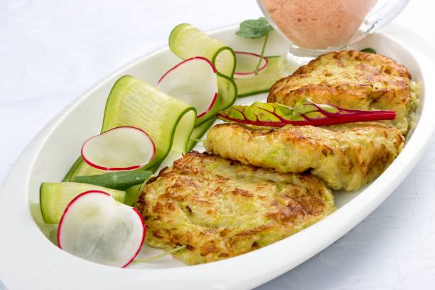 istock Zucchini pancakes with sauce on a white plate 1250004202