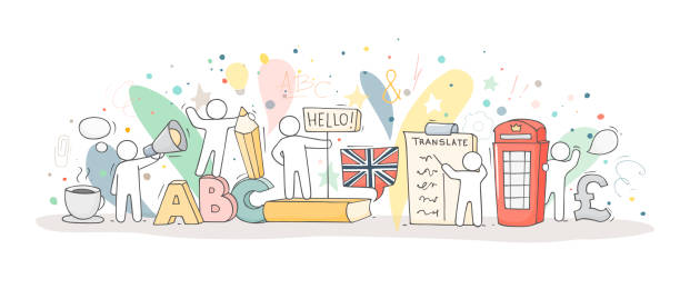 englischklasse mit arbeitenden kleinen leuten - england talking classroom education stock-grafiken, -clipart, -cartoons und -symbole