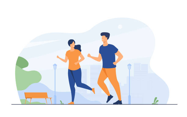 Happy smiling couple running at summer park Happy smiling couple running at summer park flat vector illustration. Two cartoon runners jogging marathon together. Sport and healthy lifestyle concept couple relationship illustrations stock illustrations