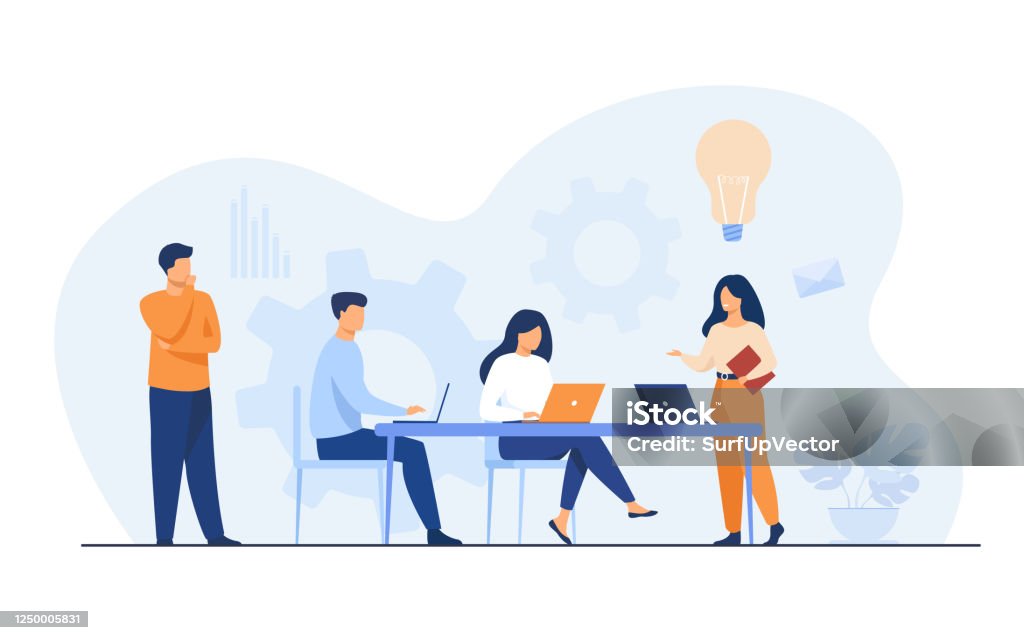 Company employees planning task and brainstorming Company employees planning task and brainstorming flat vector illustration. Cartoon people sharing ideas and meeting. Teamwork, workflow and business concept Teamwork stock vector