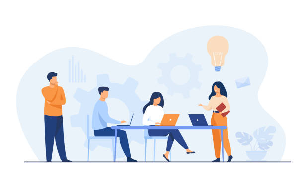 Company employees planning task and brainstorming Company employees planning task and brainstorming flat vector illustration. Cartoon people sharing ideas and meeting. Teamwork, workflow and business concept business not abstract not icon not silhouette stock illustrations