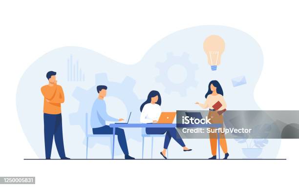 Company Employees Planning Task And Brainstorming Stock Illustration - Download Image Now - Teamwork, Office, People