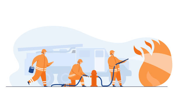 храбрые пожарные пожаротушения с пламенем - огонь иллюстрации stock illustrations