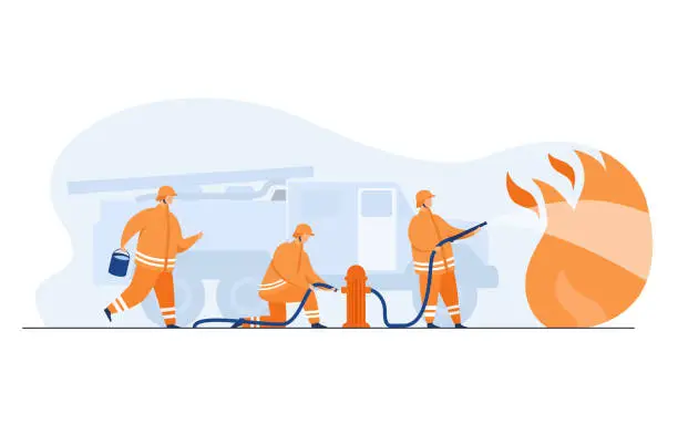Vector illustration of Brave firefighters firefighting with flame
