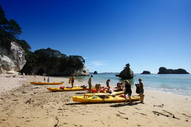 kayak de mar en nueva zelanda - new zealand cathedral cove sea sand fotografías e imágenes de stock