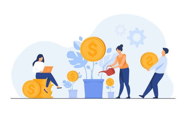 Young investors working for profit, dividend or revenue Young investors working for profit, dividend or revenue flat vector illustration. Cartoon employees investing capital. Investment, money and finance concept investing stock illustrations