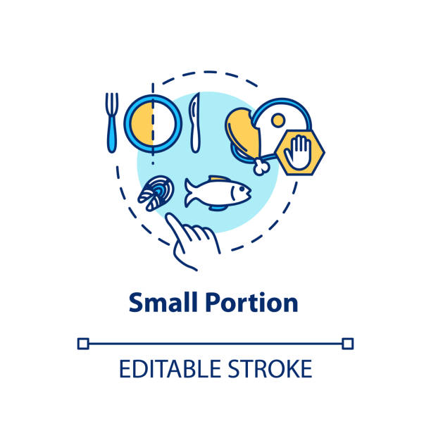 ilustrações de stock, clip art, desenhos animados e ícones de small portion concept icon. mindful eating, conscious nutrition idea thin line illustration. limit plate size, avoid overeating. vector isolated outline rgb color drawing. editable stroke - portion